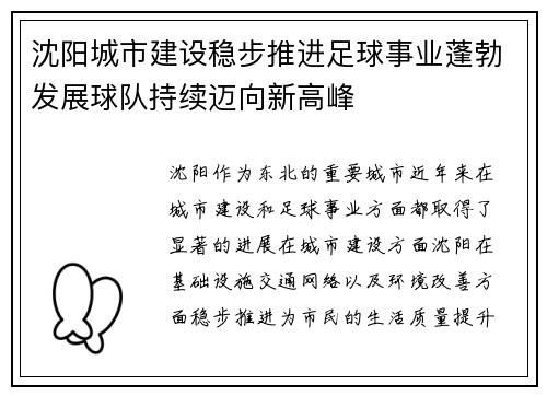 沈阳城市建设稳步推进足球事业蓬勃发展球队持续迈向新高峰