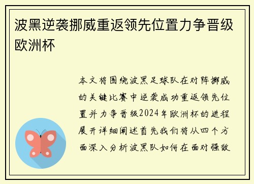 波黑逆袭挪威重返领先位置力争晋级欧洲杯