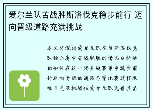 爱尔兰队苦战胜斯洛伐克稳步前行 迈向晋级道路充满挑战