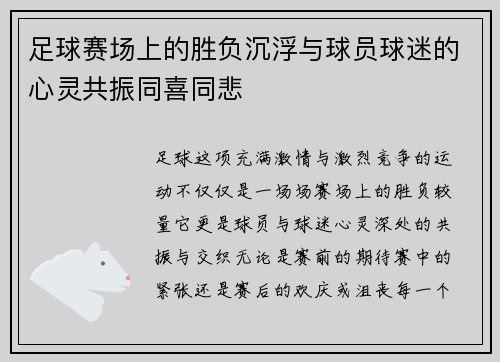 足球赛场上的胜负沉浮与球员球迷的心灵共振同喜同悲