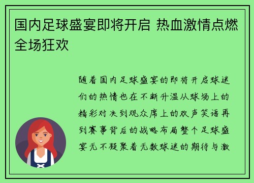 国内足球盛宴即将开启 热血激情点燃全场狂欢